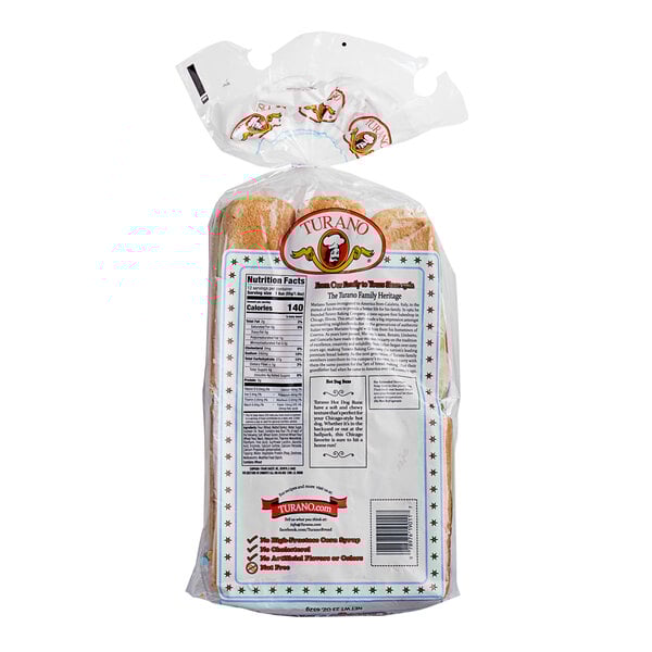 A package of Turano hot dog buns in a plastic bag with a label.