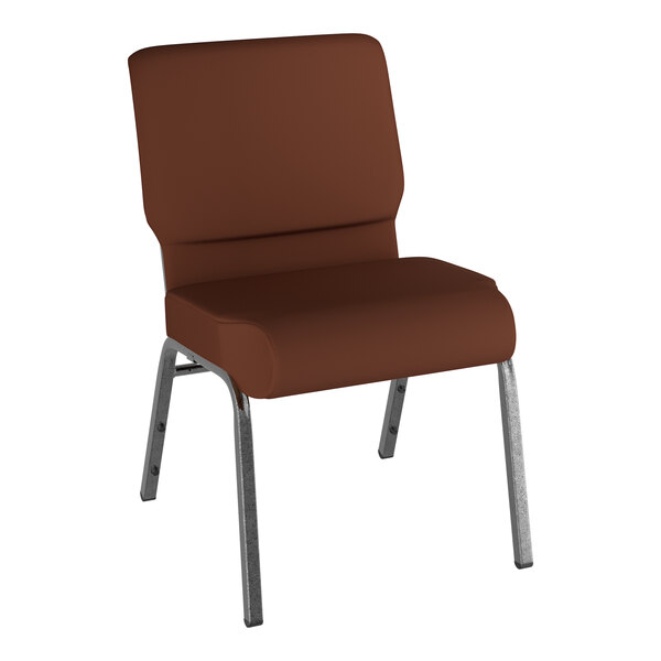 A Lancaster Table & Seating brown church chair with metal legs.