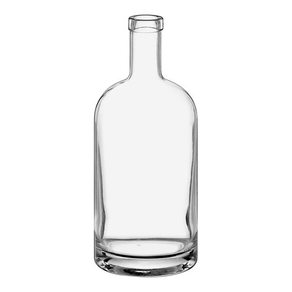 An Acopa clear glass Nordic bottle with a black lid.