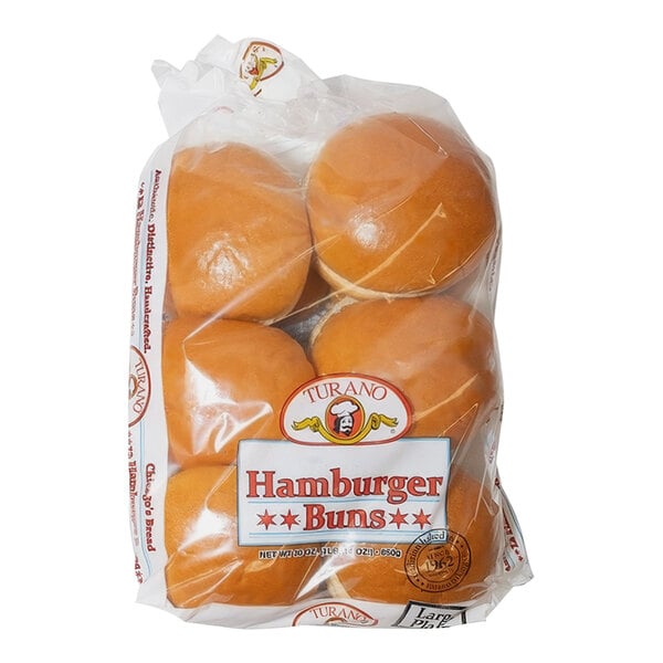 A plastic bag of Turano hamburger buns.