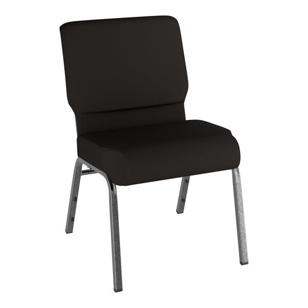 A Lancaster Table & Seating black church chair with silver legs.