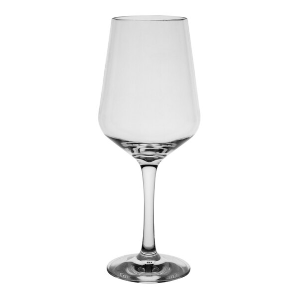 A close-up of a clear Aspen Summit polycrystal wine glass with a stem.