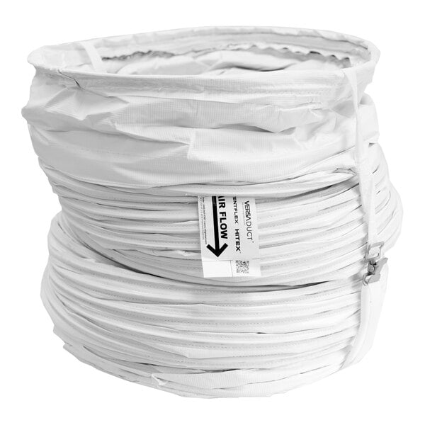 A roll of white flexible duct with a label.