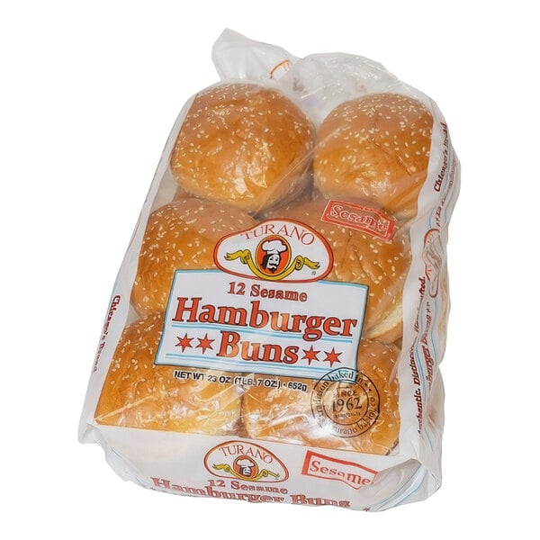 A bag of Turano frozen sesame hamburger buns.