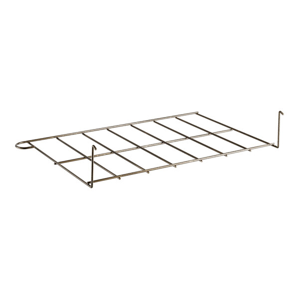 A Lancaster Table & Seating metal rack for church chairs with a wire rack on it.