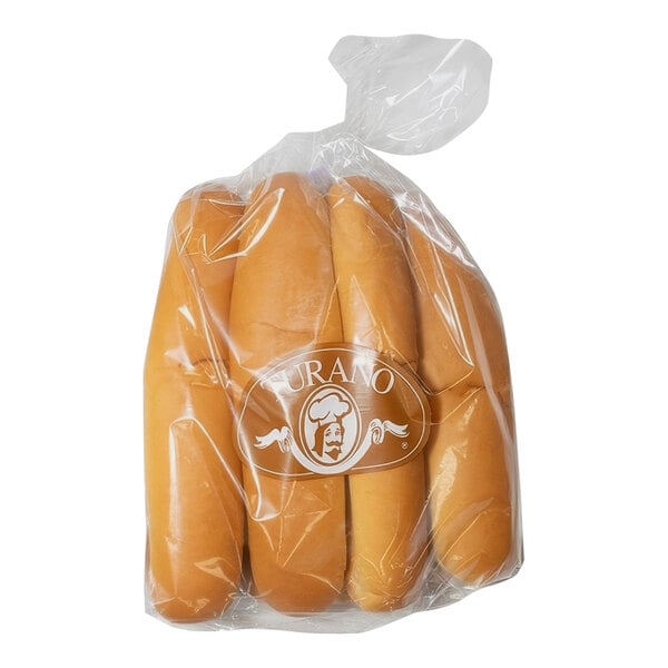 A plastic bag of Turano hot dog buns with white text.