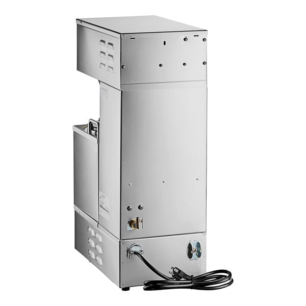 A close-up of a Curtis Gemini stainless steel coffee brewer with a black cord.