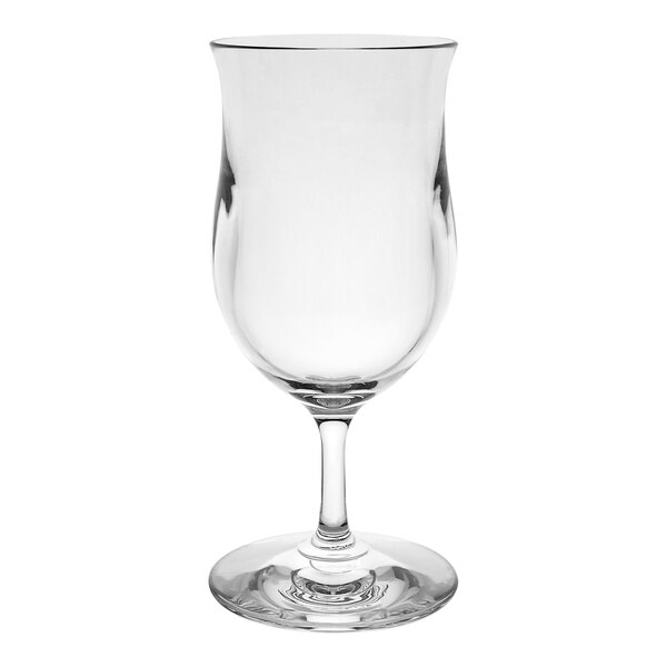 A clear polycrystal hurricane glass with a stem.