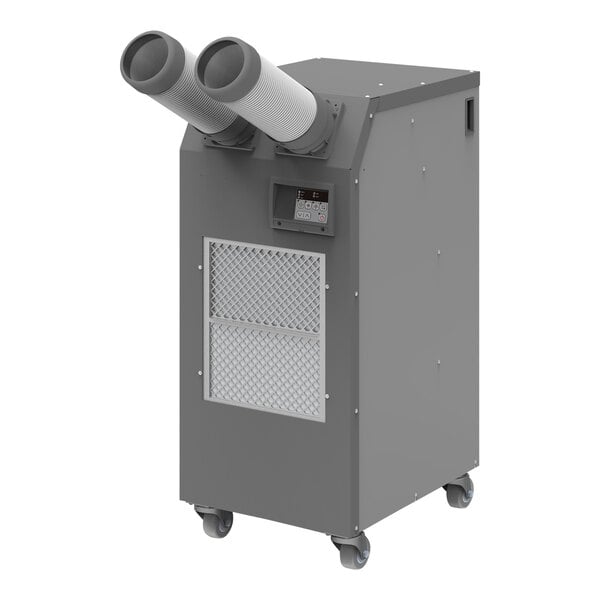 An Airrex portable water-cooled air conditioner with two tubes on wheels.