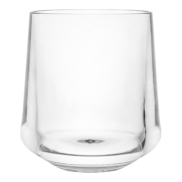 A close up of a clear Aspen Summit stemless wine glass with a curved edge.