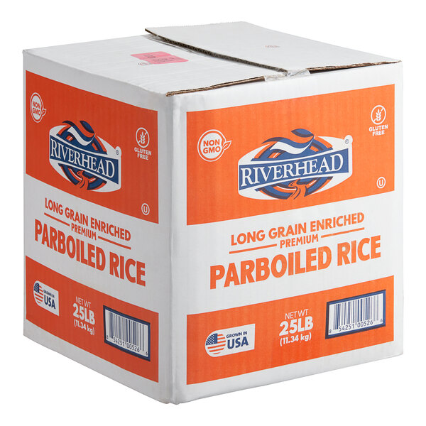 A box of Parboiled White Rice with an orange and white label on a white background.