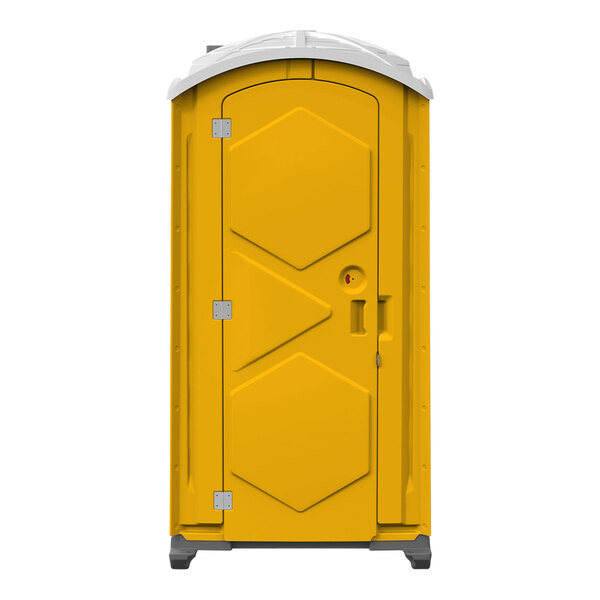 A yellow J & J Echo One portable restroom on wheels with a white roof and door.