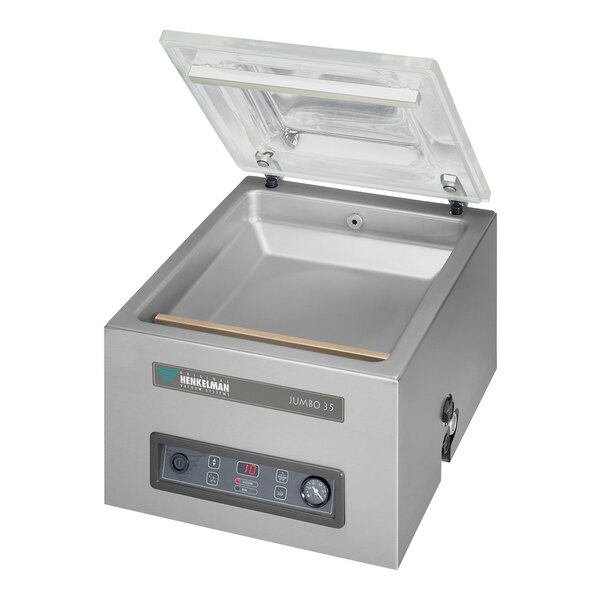 A Henkelman JUMBO35 chamber vacuum packaging machine with the lid open.