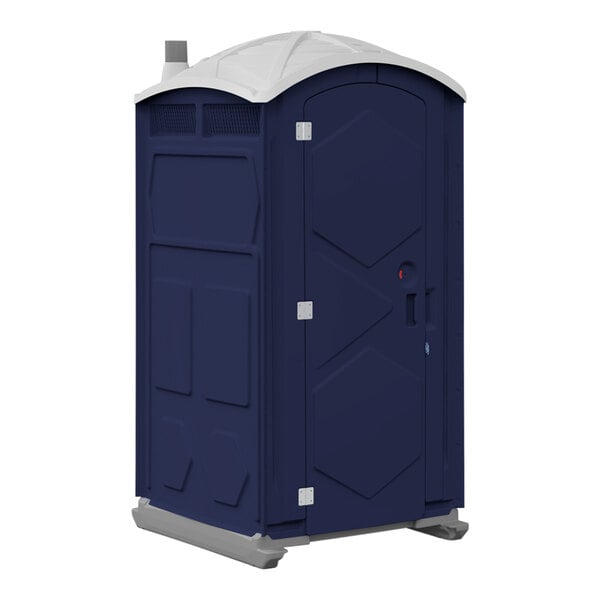 A white plastic portable toilet with a blue cover.