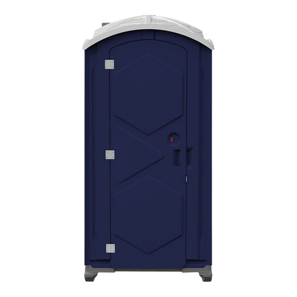 A navy blue portable restroom with a white door.
