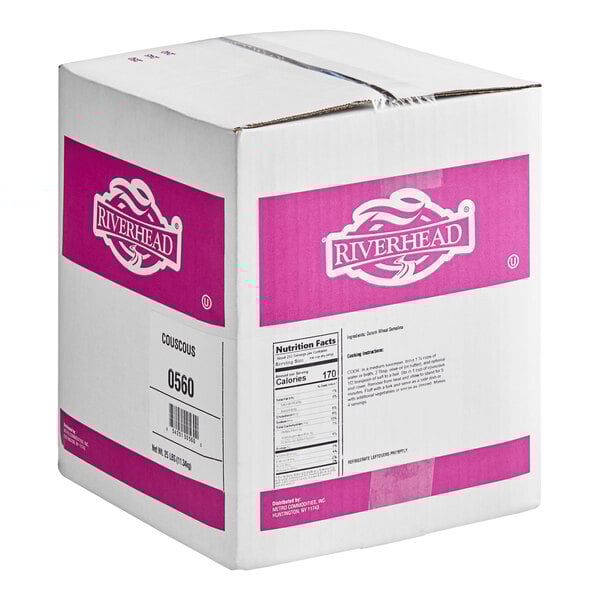 A white box of Couscous with pink labels.