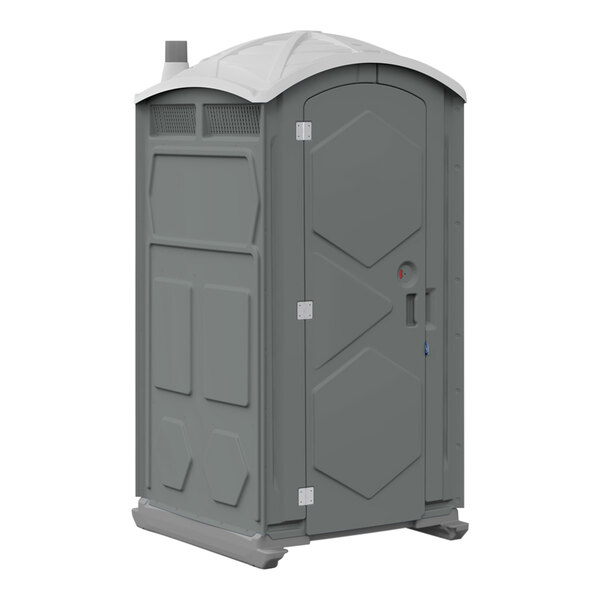 A grey J & J portable restroom with a white roof and door.