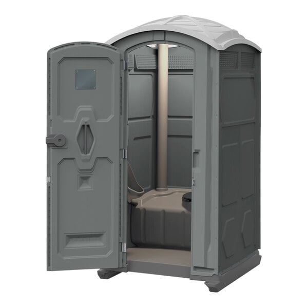 A gray J & J Echo One portable toilet with an open door.