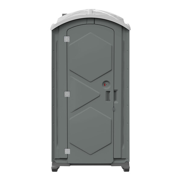A J & J gray portable restroom with a grey door.