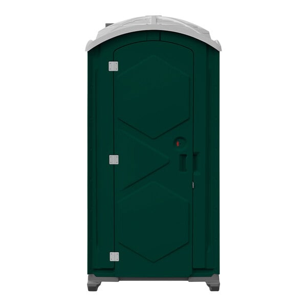 A Forest Green J & J Echo One portable restroom with a door.