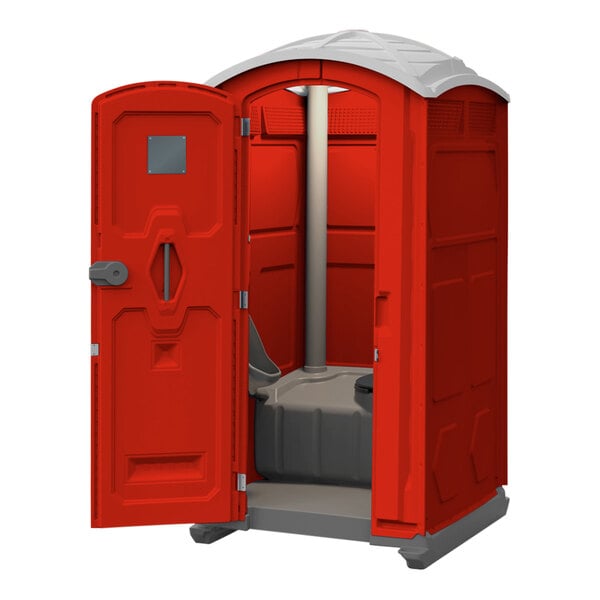 A red J & J Echo One portable restroom open with a white lid.