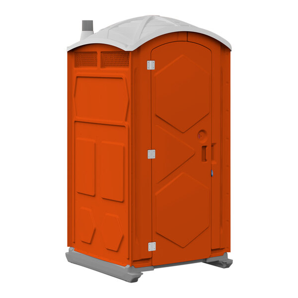 An orange J & J Echo One portable restroom with a white roof.