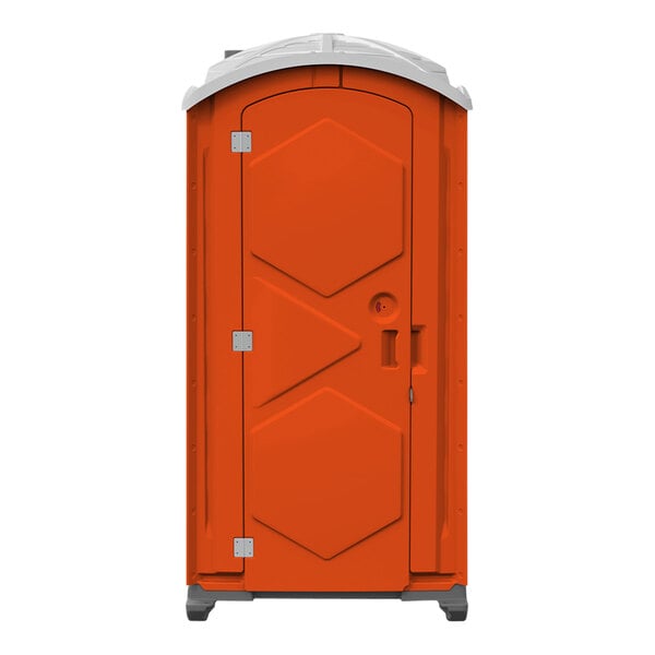 An orange J & J Echo One portable restroom with an open door.