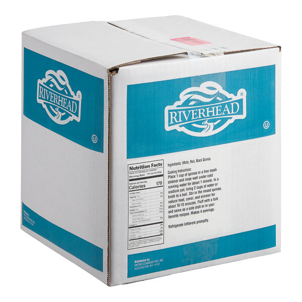 A white box with blue and white text that says "Tri-Color Quinoa 25 lb."