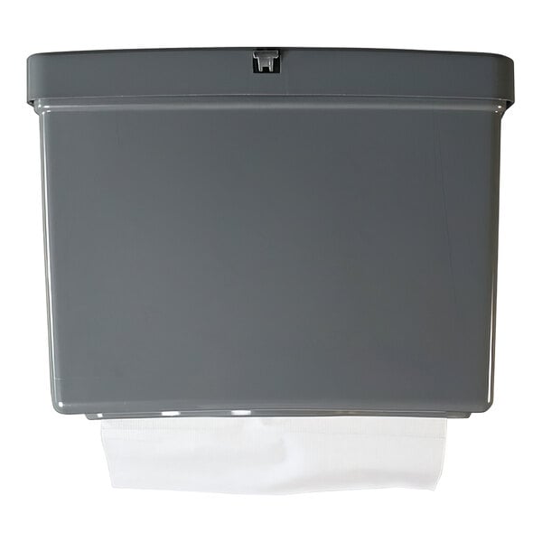 A grey plastic paper towel dispenser for J & J Echo One portable restrooms.