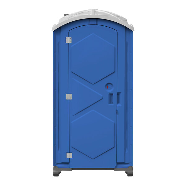 A blue portable restroom with a white door.