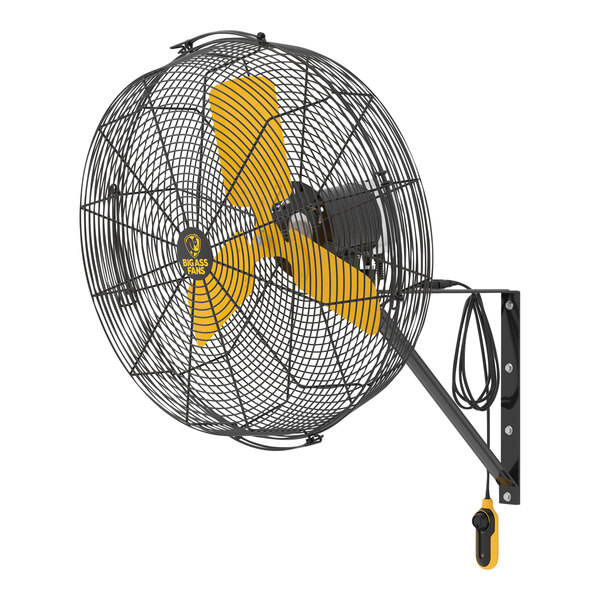 A close-up of a Big Ass Fans wall-mounted fan with yellow and black blades.