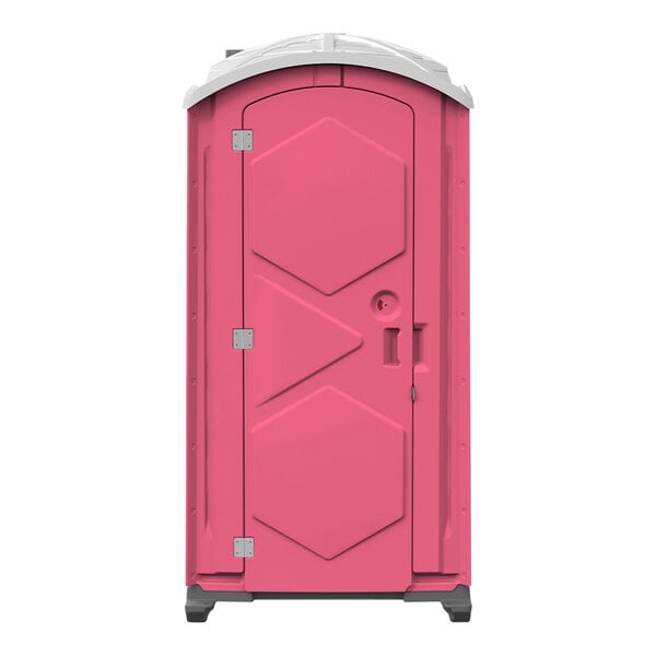 A pink portable restroom with a white roof and door.