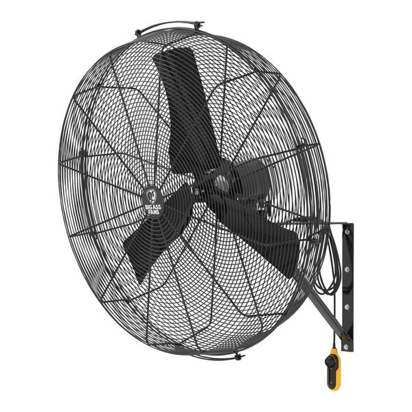 A black Big Ass Fans wall-mounted fan with metal blades.