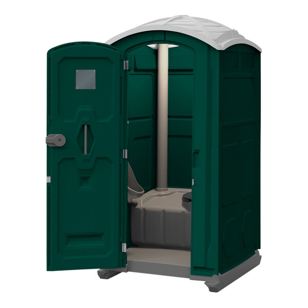 A Forest Green J & J portable restroom with a door open.