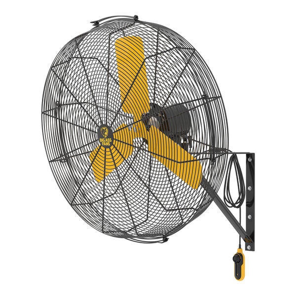 A black wall-mounted fan with yellow blades and a yellow logo.