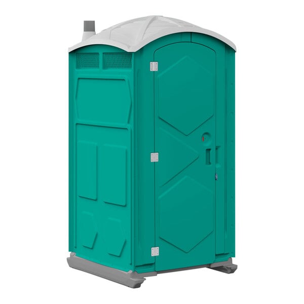 A blue and white J & J portable toilet with a green lid.