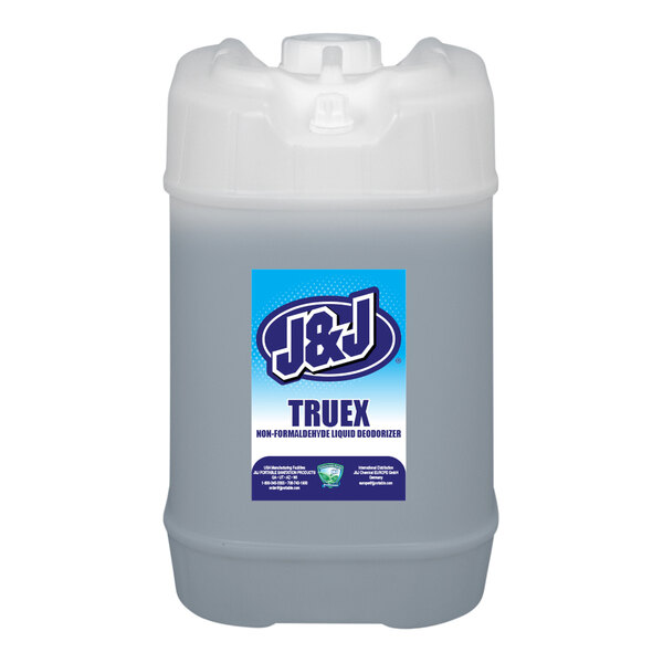 A white plastic container of J & J Truex 5 Gallon Mulberry Scent Liquid Power Deodorizer with a white label.