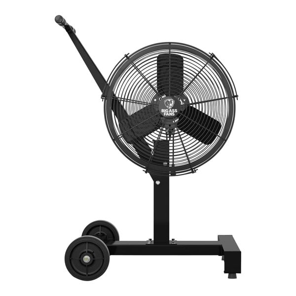 A black Big Ass Fans AirEye pedestal fan on a stand.