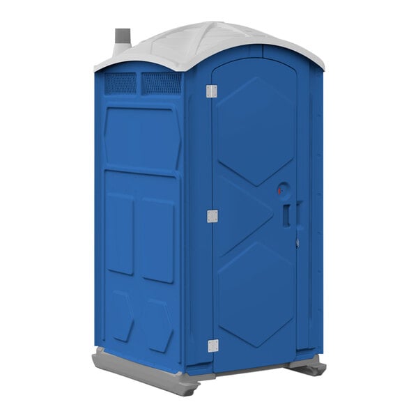 A J & J Echo One Royal Blue portable toilet with a white roof.