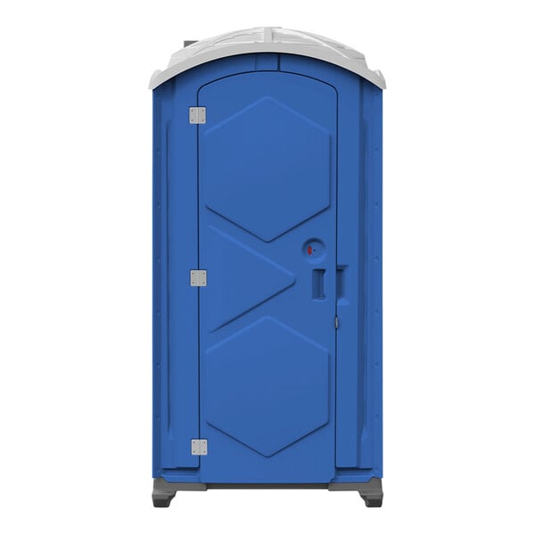 A blue J & J portable restroom with a white door.