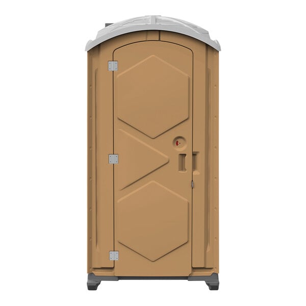 A brown J & J Echo One portable restroom with a tan door open.
