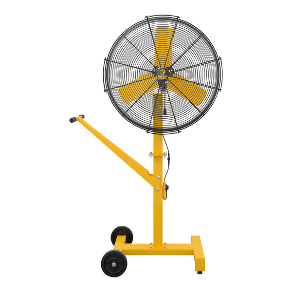 A yellow pedestal fan with Big Ass Fans yellow blades.