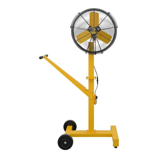 A yellow Big Ass Fans AirEye pedestal fan on wheels.