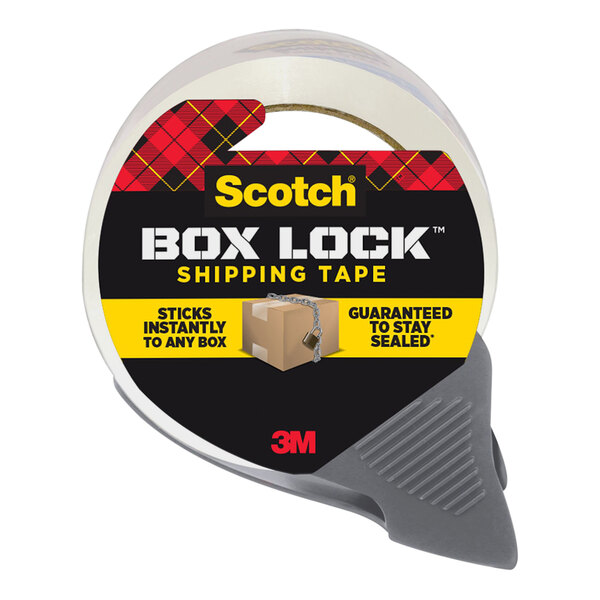 A roll of 3M Scotch Box Lock clear shipping tape with a black and red label.