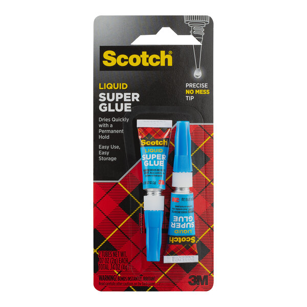 A package of 3M Scotch liquid super glue with two tubes.