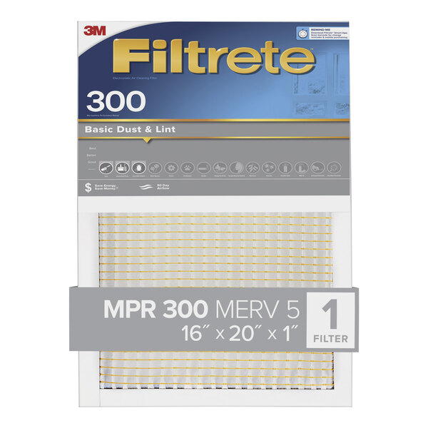 A 3M Filtrete air filter with white and yellow grid and white text.