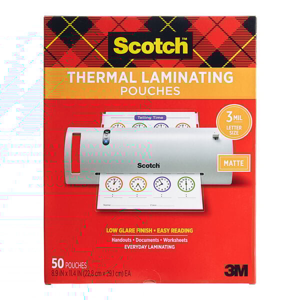 A box of 3M Scotch thermal laminating pouches on a counter.