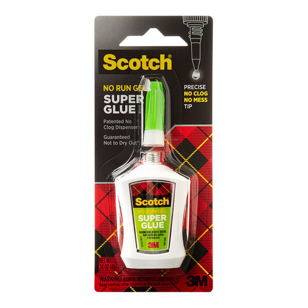 A package of 3M Scotch No Run Gel Super Glue with Precision Applicator on a white background.