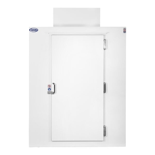 A white Leer outdoor refrigerator with steel doors and a handle.