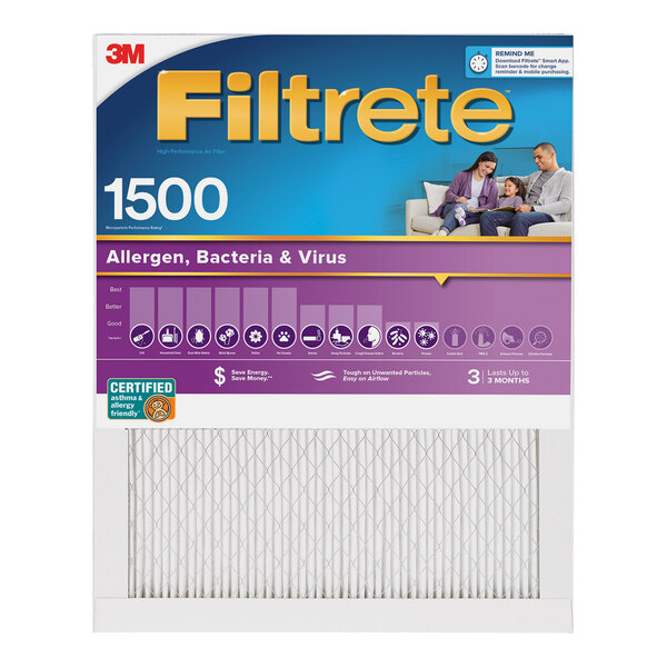 A box of 3M Filtrete MPR 1500 air filters on a white background.